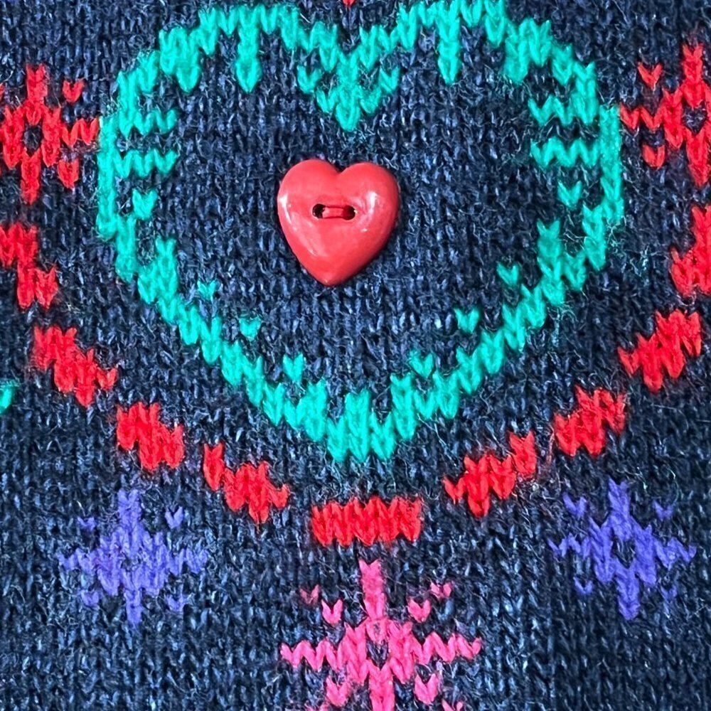 VTG GRAND Made in USA Blue Multicolored 3/4 sleeve Mock Neck Sweater 3D Hearts - Picture 4 of 8